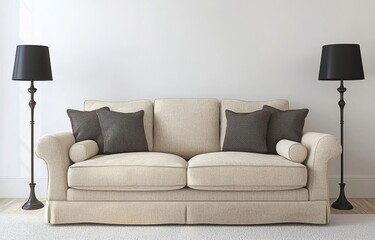 Living room in beige tones with a sofa, a sconce, wooden furniture, marble furniture and a pouf