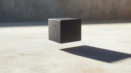 A black cube is floating in the air, casting a shadow on the ground