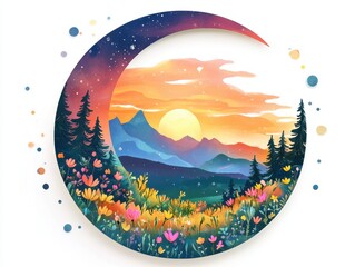 A vibrant sunset scene framed by a crescent moon, featuring mountains, forests, and blooming flowers.