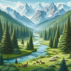 Serene Mountain Valley Landscape with Wildlife