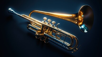 Obraz premium A golden trumpet with a shiny finish on a blue background.