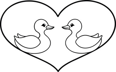 Cute Ducks Sharing Love Heart Vector Illustration for Kids Coloring Page
