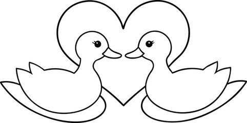 Sweet Pair of Ducks with Heart Vector Art for Children’s Coloring Book
