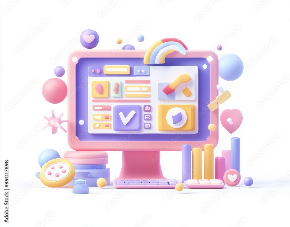 Poster a 3d illustration showing the user interface of a minimal mobile app and a mobile web.