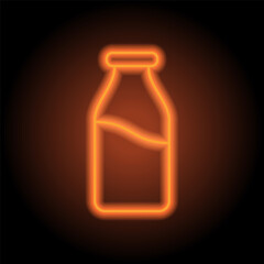 Milk bottle simple icon vector. Flat design. Orange neon on black background