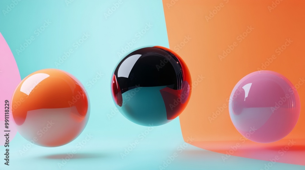Poster three colorful spheres are floating in the air, creating a sense of motion
