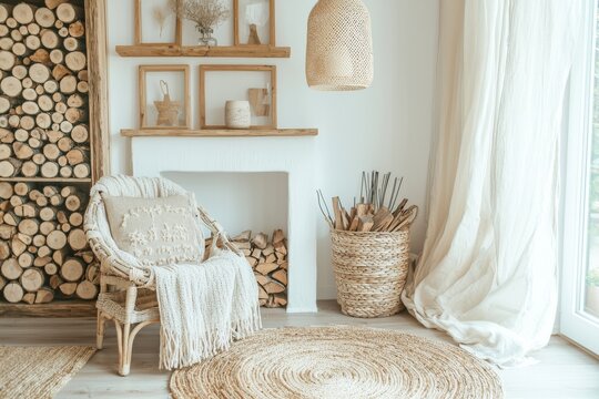 Fototapeta Interior with fireplace and niches for storing wood in Scandinavian style