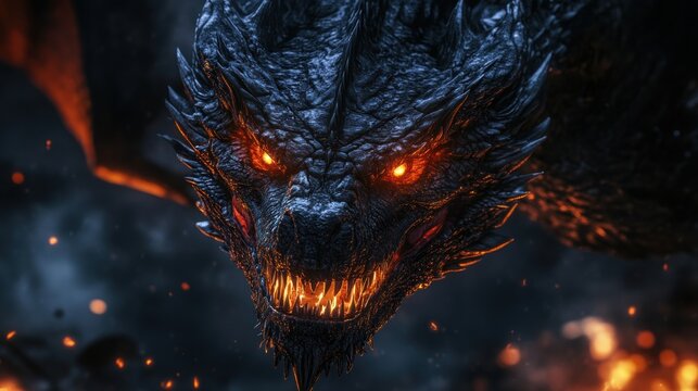 A close-up of a fierce dragon's face with glowing orange eyes and sharp teeth.  The dragon is surrounded by fire and smoke.
