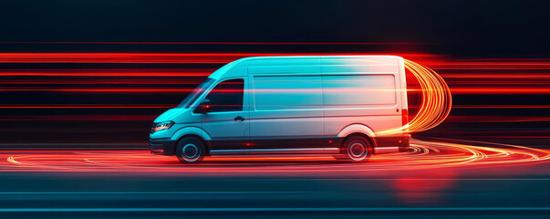 Obraz premium A dynamic shot of a white delivery van in motion with vibrant light trails on a dark background.