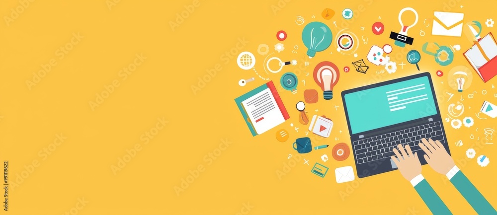 Poster concept of e-learning with a laptop user