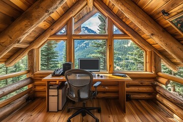 Scenic mountain lodge with a workspace overlooking the view equipped with tech gear and comfortable seating.