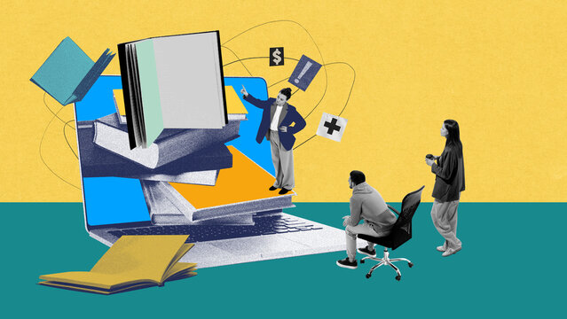 Woman, lecturer interacting with books inside laptop, while man and woman listening to her. Digital presentations and modern teaching. Contemporary art collage. Business and education, skills concept