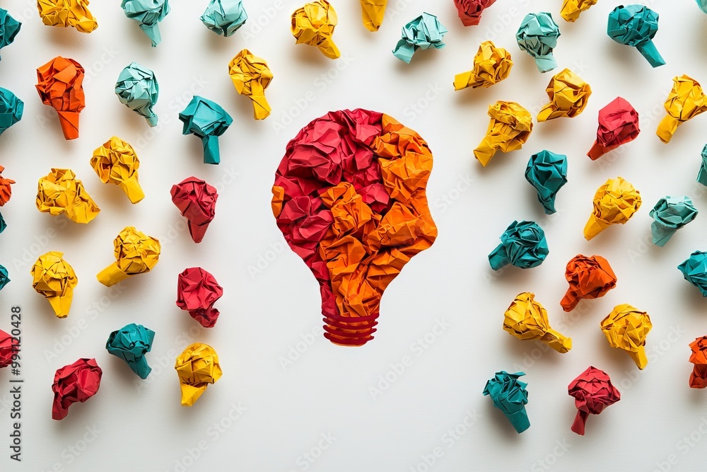 Poster using a paper scrap ball of yellow colour with a light bulb and head pattern as an innovative concep