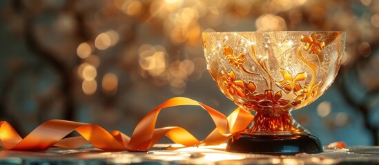 Elegant crystal wine glass with gold ribbon on a warm autumn themed table setting creating an inviting and celebratory ambiance for a special occasion such as a birthday anniversary or holiday party