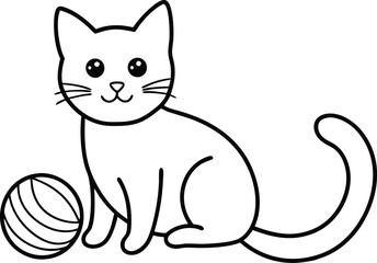 Cute Cat Sitting with Yarn Ball Fun Vector Illustration for Kids Coloring
