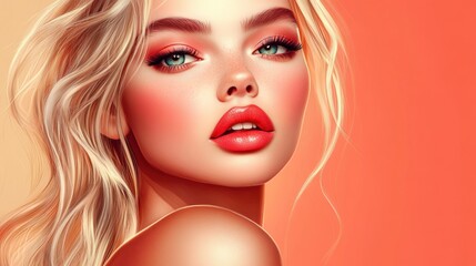 Fototapeta premium Close-up portrait of a beautiful young woman with long blonde hair, bright blue eyes, and red lipstick against a coral background.