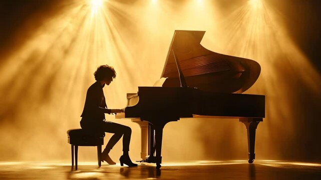 A musician performs on a grand piano under dramatic lighting, showcasing artistic talent and expression during an evening concert