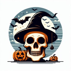 Halloween Skull with Witch Hat and Pumpkins - Spooky Night Bats Illustration