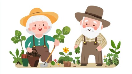 Naklejka premium Cheerful elderly couple gardening together in a vibrant, colorful landscape, celebrating love and nature in their retirement.