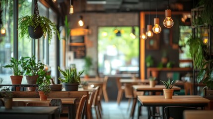 Empty cafe table with a potted plant on it and blurry background.