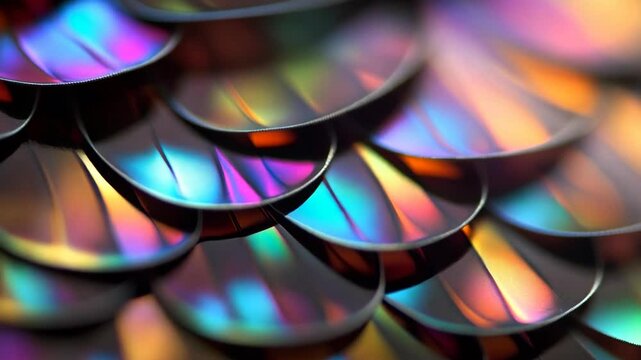Closeup of iridescent scales reflecting colorful light in animated  video. Abstract video concept. Design for futuristic visuals or digital art