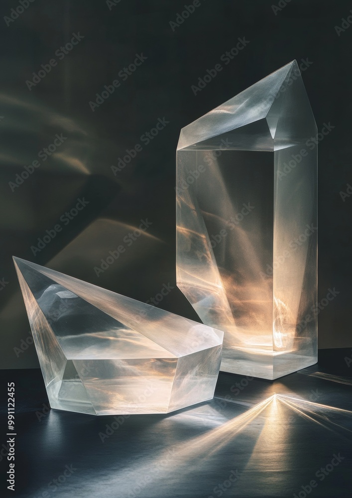 Poster two crystal shaped objects are on a table