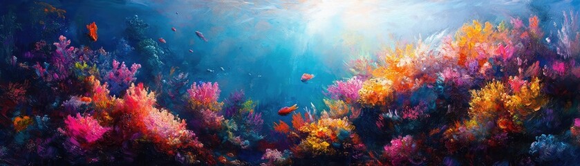 Fototapeta premium A vibrant underwater scene where Impressionism meets surreal marine life, colorful brush strokes engulfing a coral reef