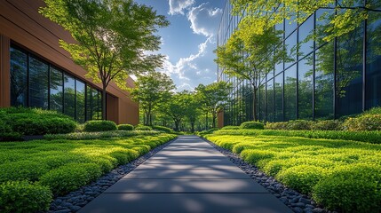 Fototapeta premium A modern hospital building features a glass facade with commercial office buildings in the background, modern landscape design with big green bushes.