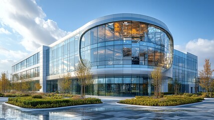 A modern hospital building features a glass facade with commercial office buildings in the background, modern landscape design with big green bushes.
