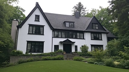 This modern cottage-style home features a striking white exterior and black roof, surrounded by trees on a vibrant green lawn, creating a serene woodland setting