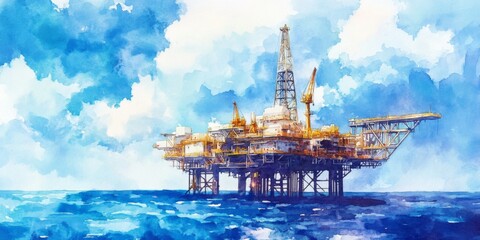 Obraz premium watercolor painting of a large oil rig floating in the ocean. Cloudy sky and sunset.