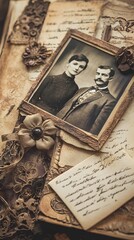 Vintage Photo Album with Couple, Museum, Minimalist, Abstract Image, Texture, Pattern Background, Wallpaper, Cover and Screen for Smartphone, PC, Laptop, 9:16 and 16:9 Format