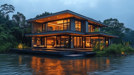 Fototapeta premium A modern luxury minimalist house by the river displays a warm light scene at evening.