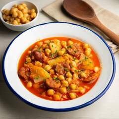 Chickpea stew with vegetables and chorizo. Traditional Spanish tapa recipe.