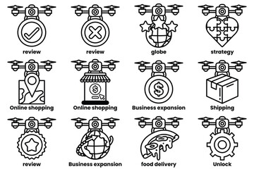 A set of images of drones with various items on them, including a book, a pizza