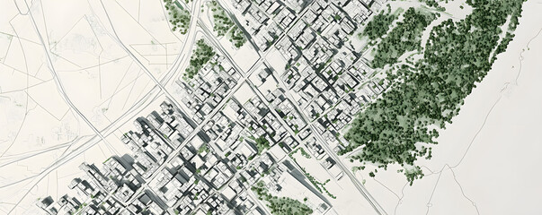 Minimalist Grey-Scale City Map with Green Spaces
