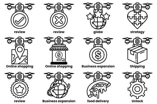 A set of images of drones with various items on them, including a book, a pizza