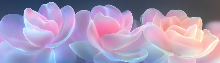 Obraz premium Three pink flowers are shown in a blurry, abstract style