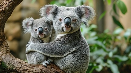 Fototapeta premium A mother koala with her baby on her back sits on a tree branch.