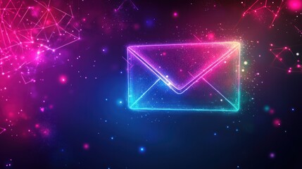 Digital glowing envelope icon on a dark blue background with pink and blue highlights.