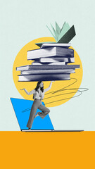 Woman balancing on one leg with stacks of books on head. Large laptop screen, symbolizing balance...