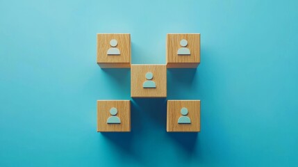 Conceptual illustration of Activate Technology, depicts a wooden block with a power symbol. User network connections are shown with white strings. Blue background. 3D rendering.