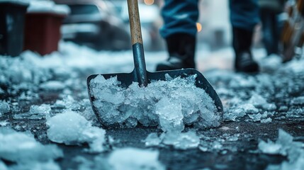 Close-up of a shovel clearing snow from a sidewalk, highlighting the effort of winter maintenance and the beauty of the snow.