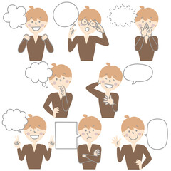 collection set of cute doodle hand draw speech bubble balloon with boy man character facial expression, text box think speak talk banner, flat design vector illustration