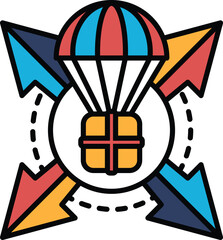 A colorful graphic of a red, blue, and yellow umbrella with a box on top