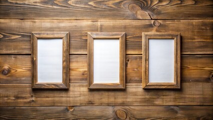 Fototapeta premium Three blank photo frames on rustic wood background