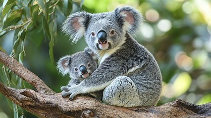 Fototapeta premium A mother koala with her baby on her back sits on a tree branch.