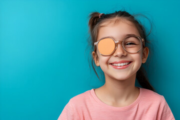 Fototapeta premium Sick ill preteen girl looking at camera having protective bandage plaster patch scratch on one eye. Injury, trauma, blind. Child kid wearing glasses at gray background. Medical eyesight vision therapy