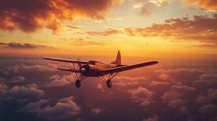 Small propeller plane flying above the clouds at sunset.