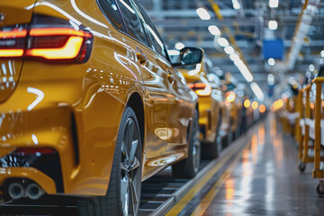 Fototapeta premium Mass production assembly line of modern cars in a busy factory.